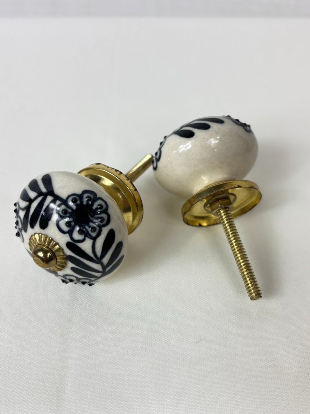 Blue White Floral Ceramic Cabinet Knobs Brass Drawer Pulls Set of 2